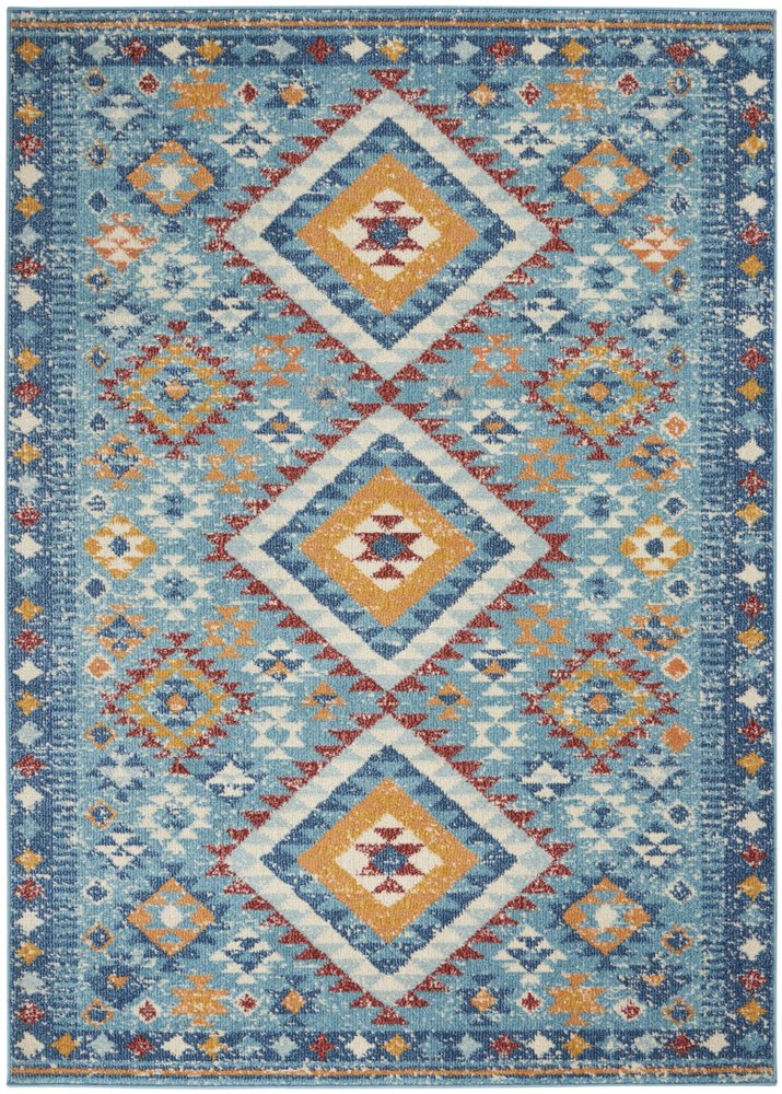 8' Blue And Orange Geometric Runner Rug