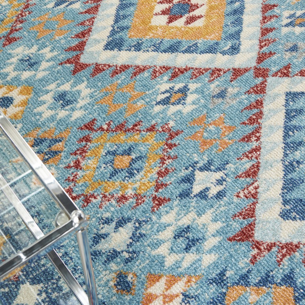 8' Blue And Orange Geometric Runner Rug