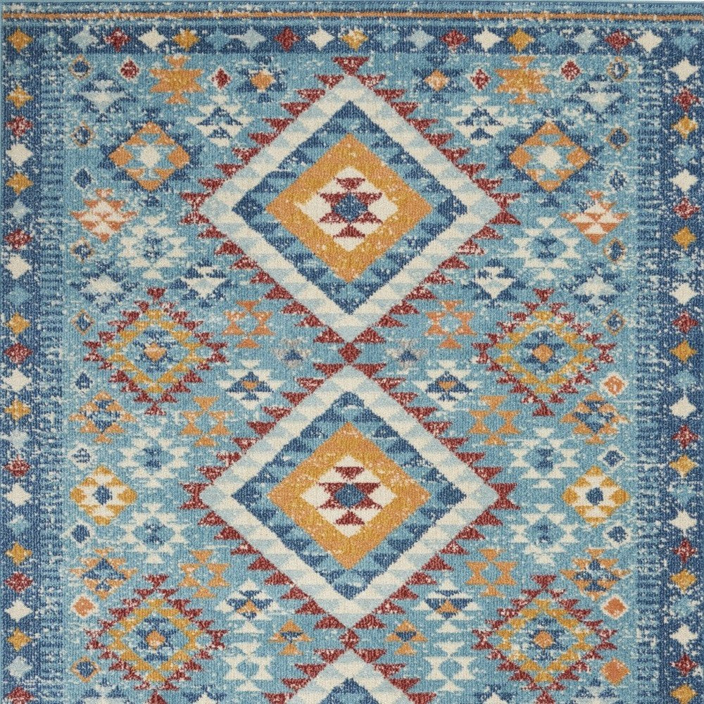 8' Blue And Orange Geometric Runner Rug