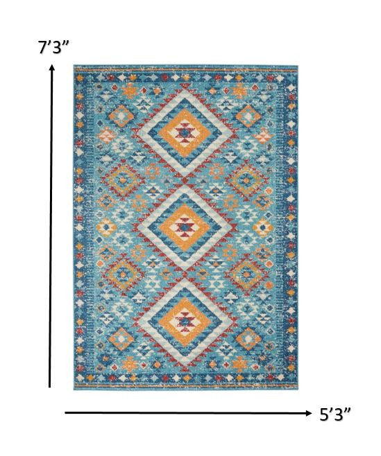 8' Blue And Orange Geometric Runner Rug