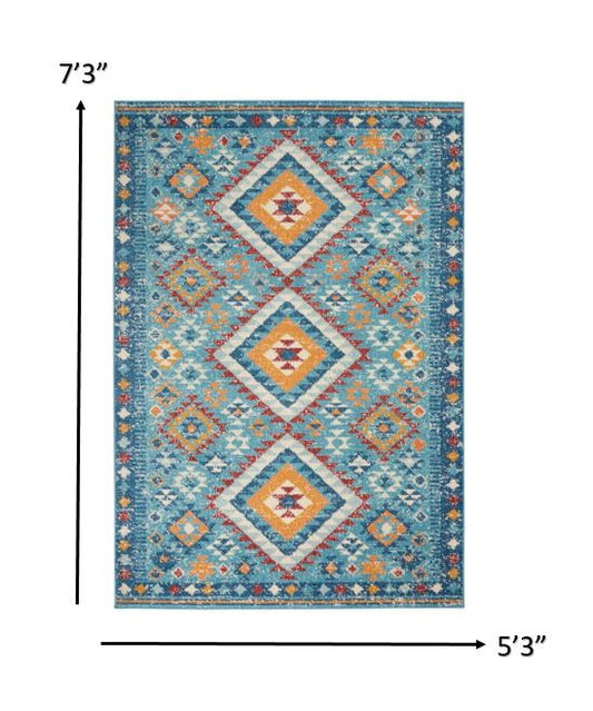 8' Blue And Orange Geometric Runner Rug