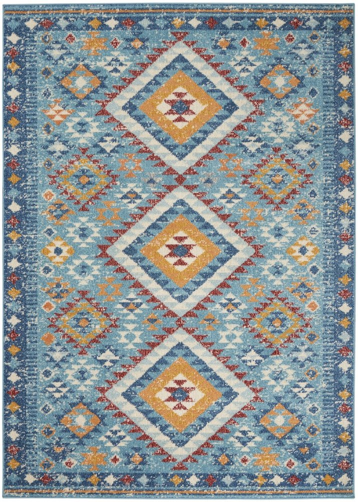 8' Blue And Orange Geometric Runner Rug