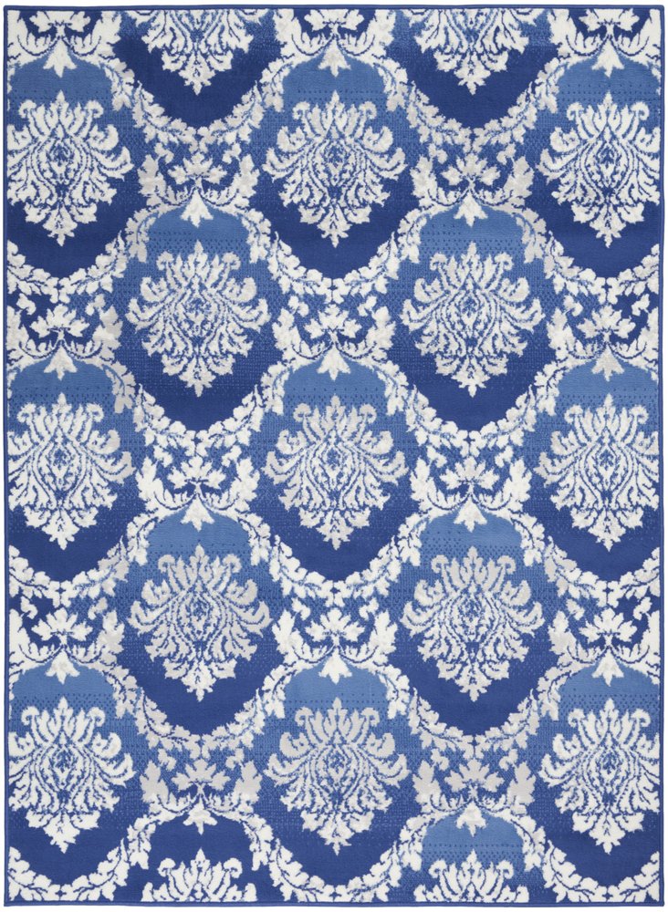 6' X 9' Blue And Ivory Damask Distressed Area Rug