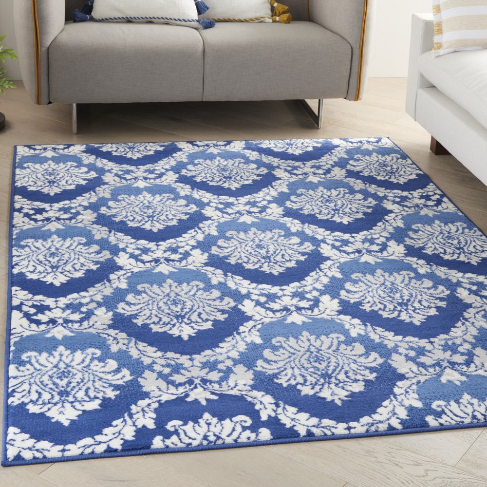 6' X 9' Blue And Ivory Damask Distressed Area Rug