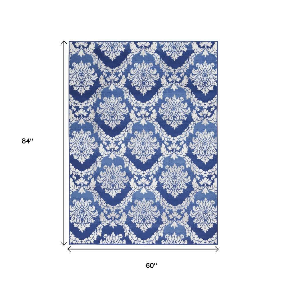 6' X 9' Blue And Ivory Damask Distressed Area Rug