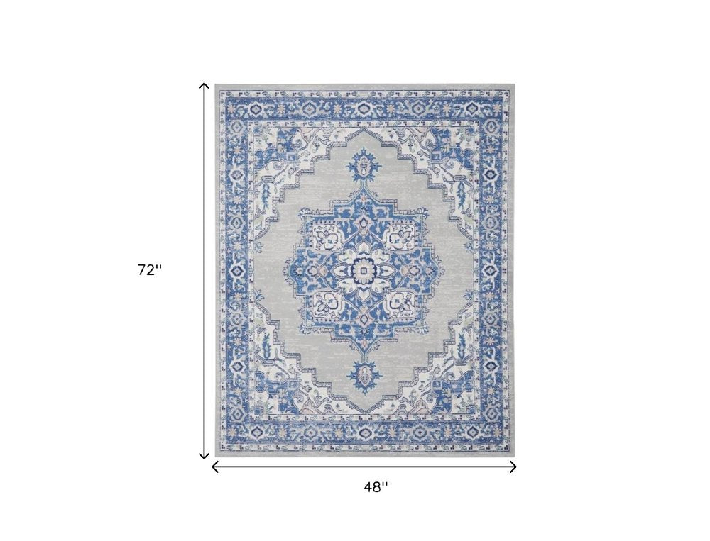 6' X 9' Blue And Gray Floral Area Rug