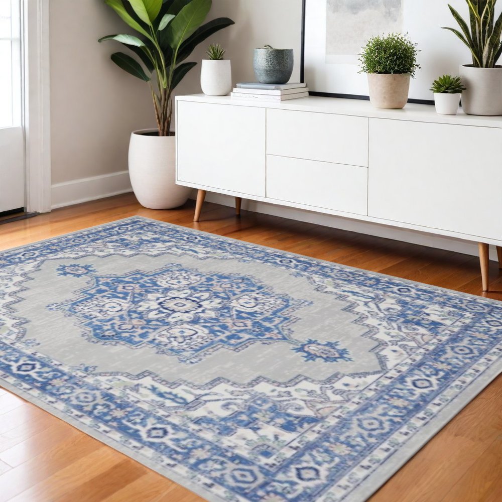6' X 9' Blue And Gray Floral Area Rug