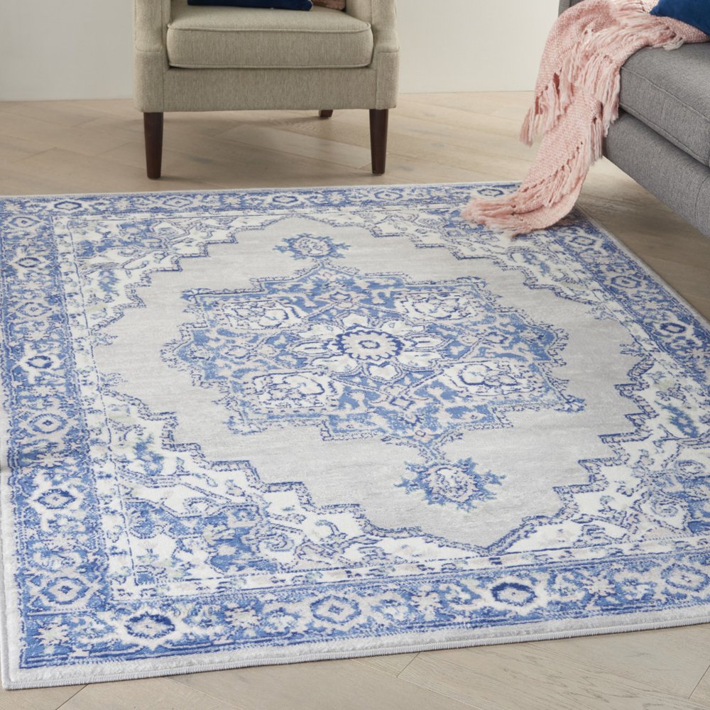 6' X 9' Blue And Gray Floral Area Rug
