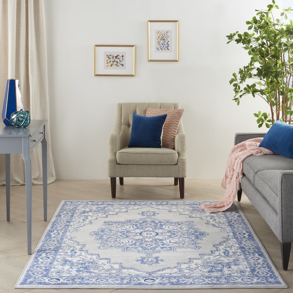 6' X 9' Blue And Gray Floral Area Rug