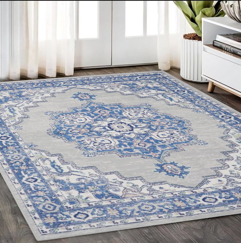 6' X 9' Blue And Gray Floral Area Rug