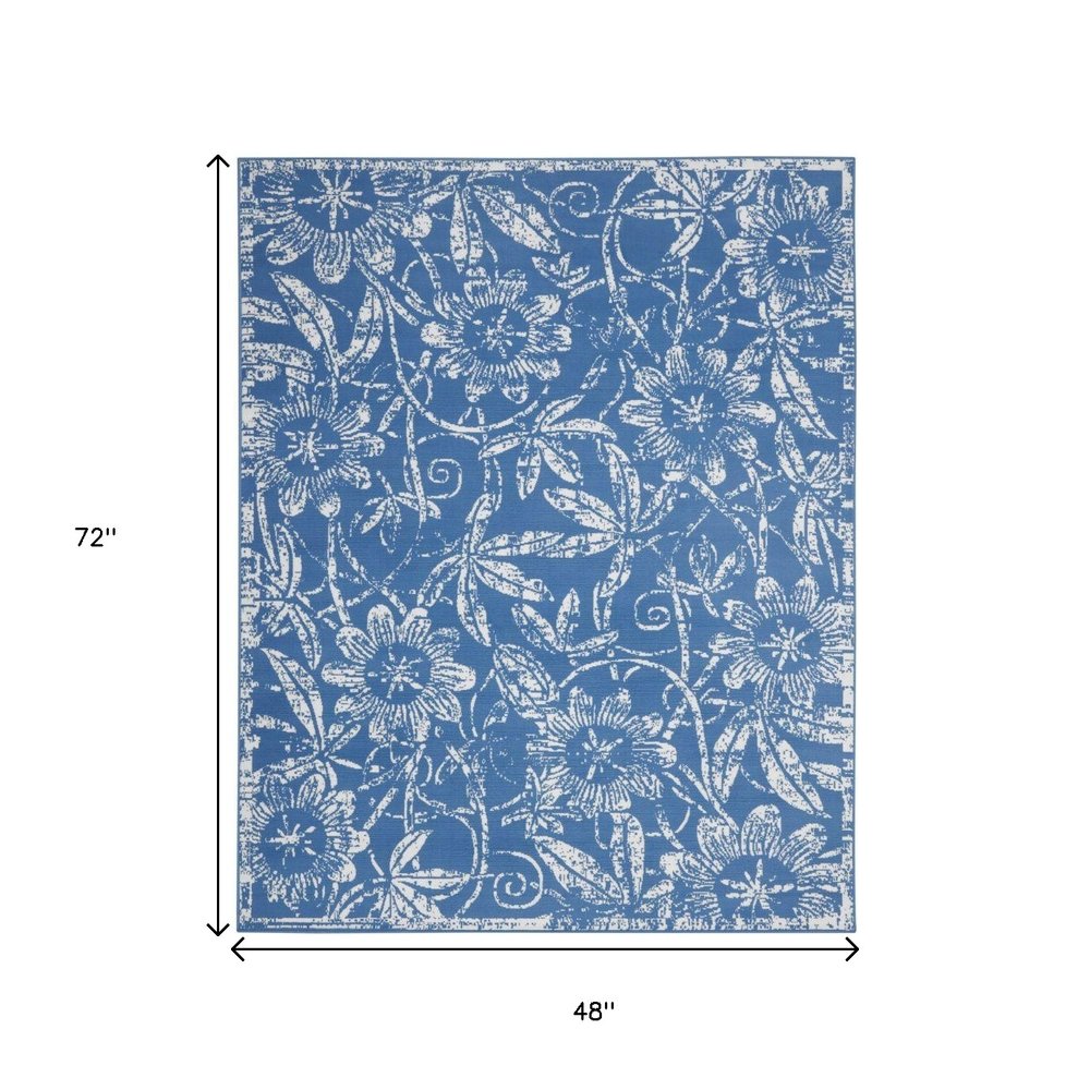 4' X 6' Blue And Ivory Floral Vines Distressed Area Rug