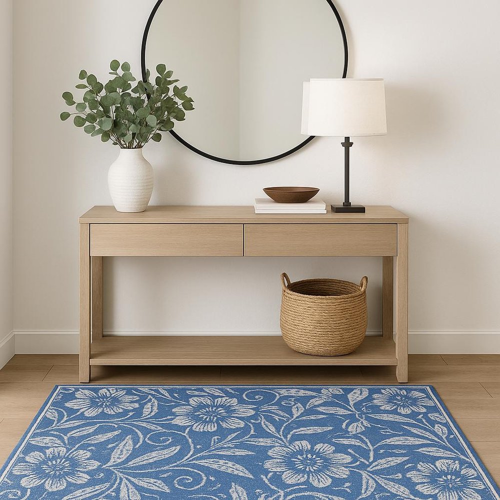 4' X 6' Blue And Ivory Floral Vines Distressed Area Rug