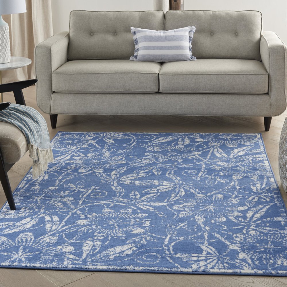 4' X 6' Blue And Ivory Floral Vines Distressed Area Rug