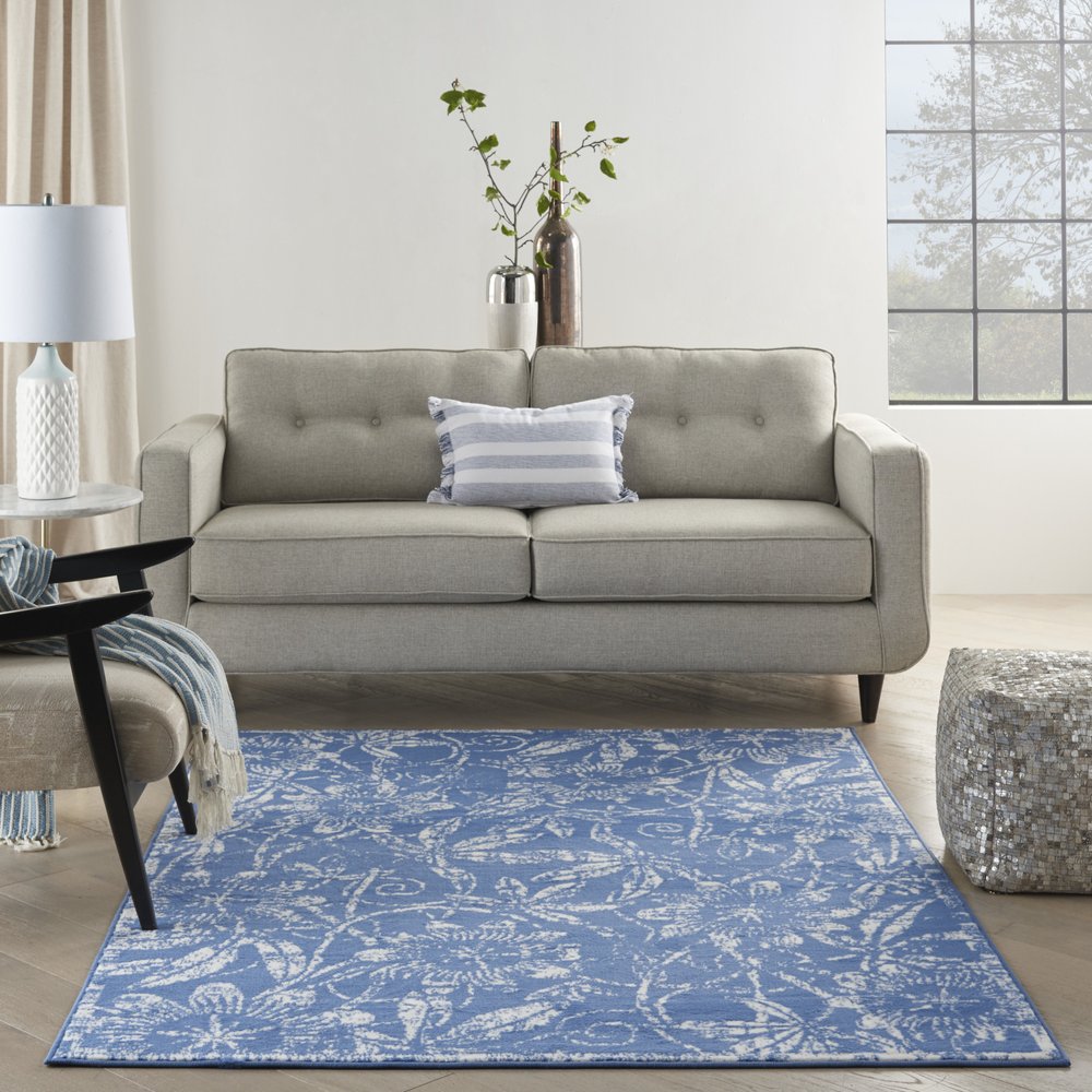 4' X 6' Blue And Ivory Floral Vines Distressed Area Rug