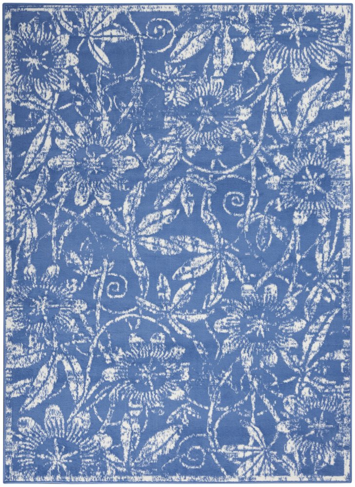 4' X 6' Blue And Ivory Floral Vines Distressed Area Rug
