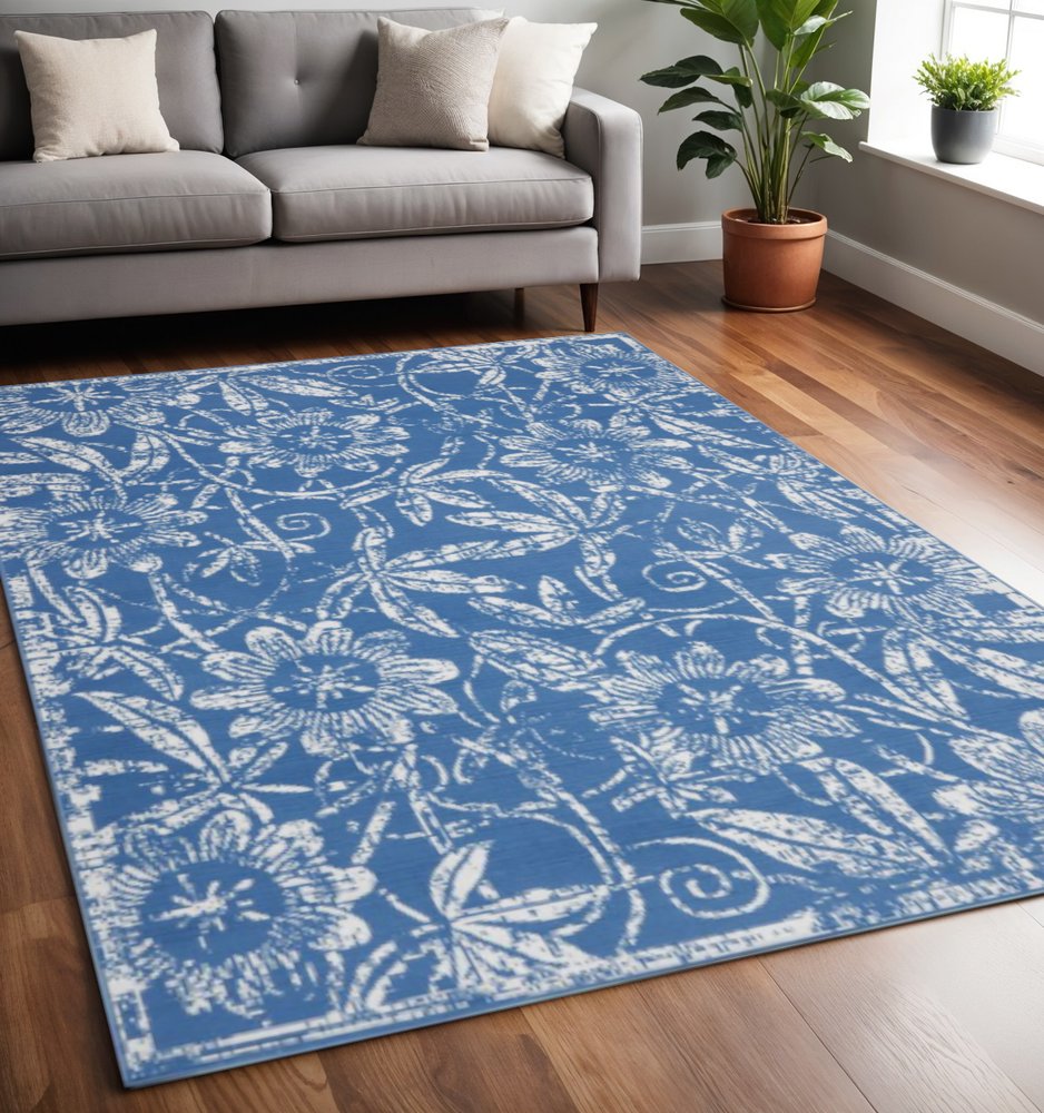 4' X 6' Blue And Ivory Floral Vines Distressed Area Rug