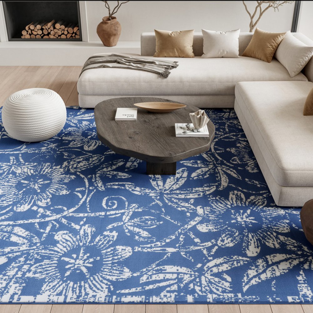 4' X 6' Blue And Ivory Floral Vines Distressed Area Rug