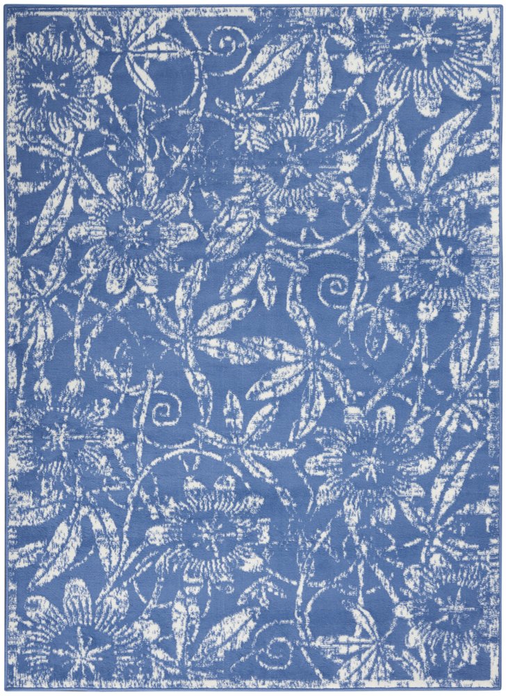 4' X 6' Blue And Ivory Floral Vines Distressed Area Rug