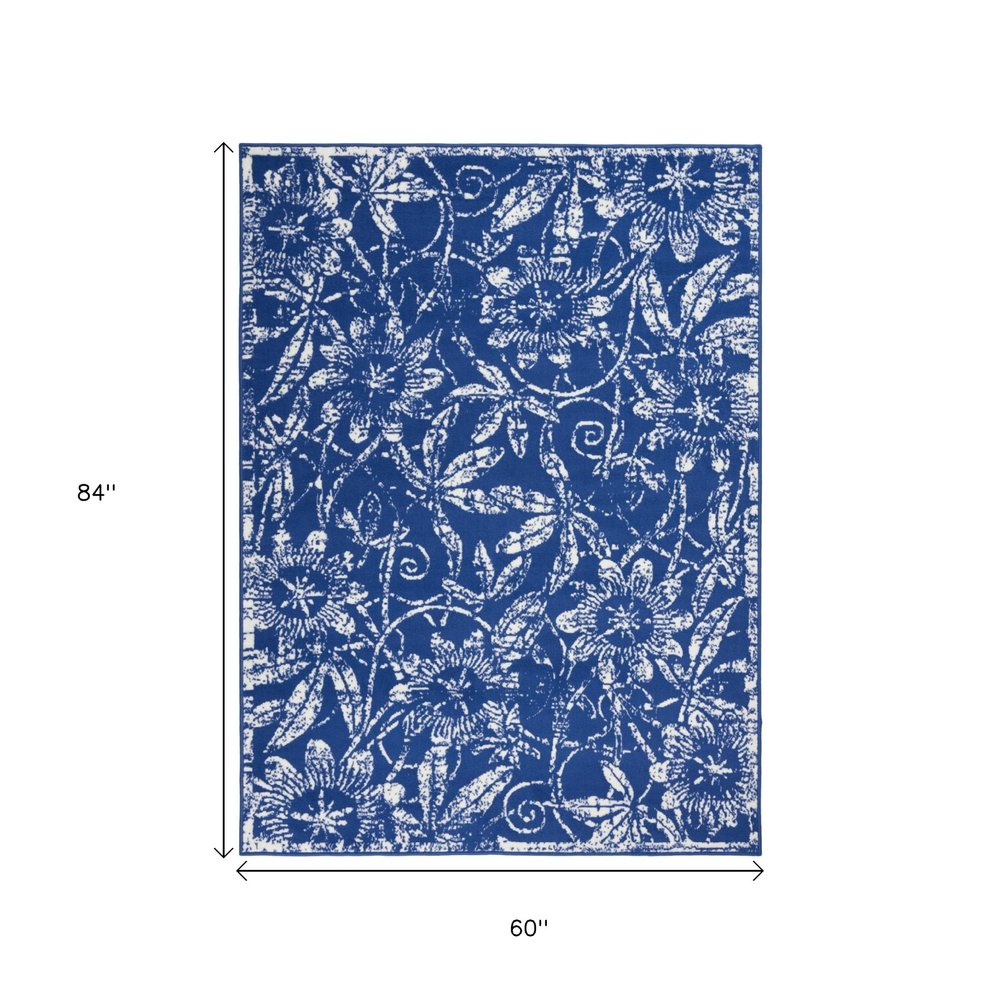 4' X 6' Navy Blue And Ivory Floral Distressed Area Rug