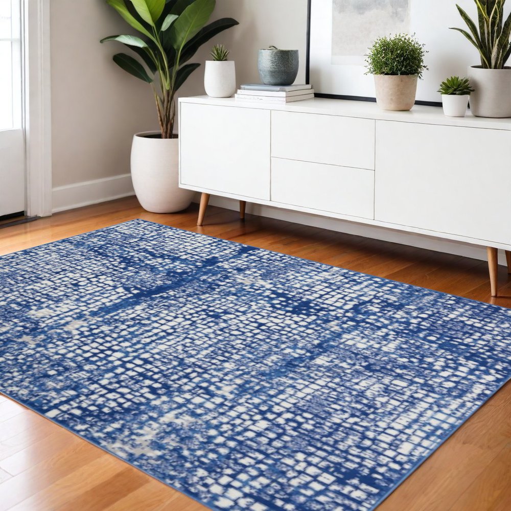 4' X 6' Ivory And Blue Geometric Area Rug