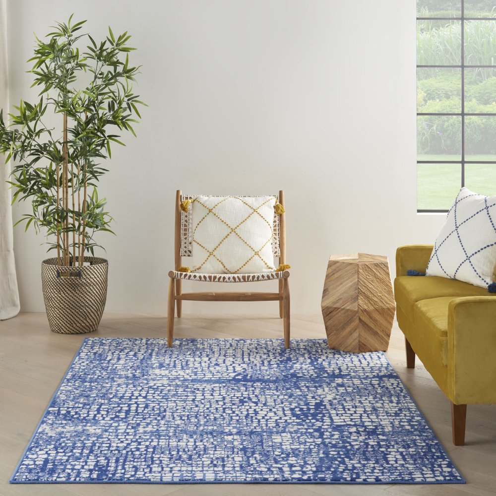 4' X 6' Ivory And Blue Geometric Area Rug
