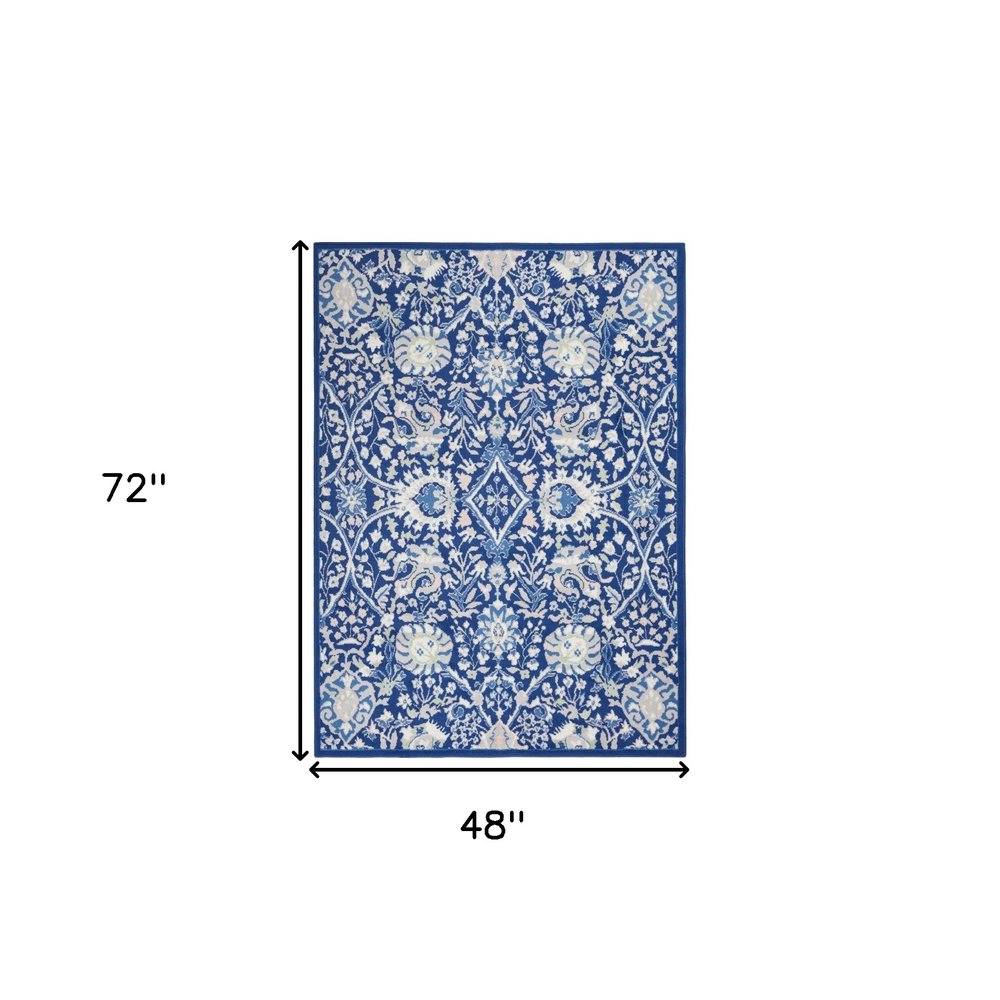 6' X 9' Blue And Ivory Floral Area Rug