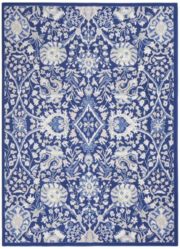 6' X 9' Blue And Ivory Floral Area Rug