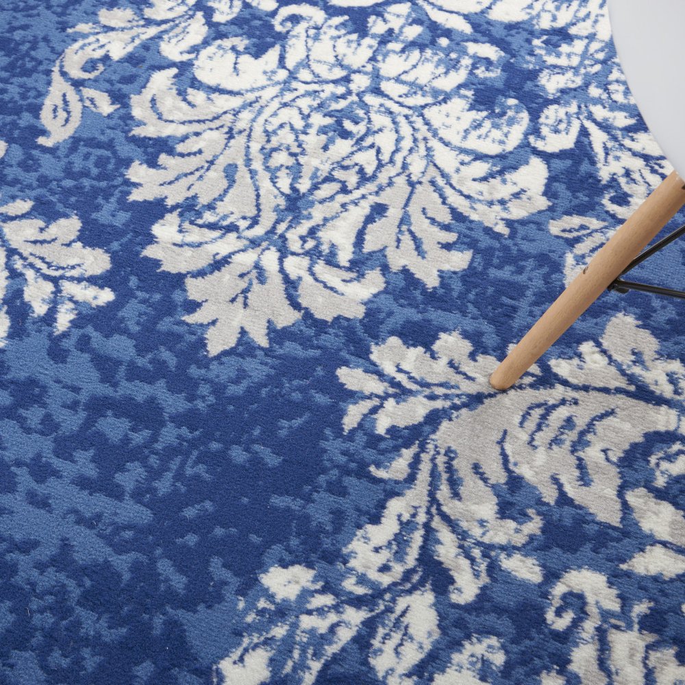 4' X 6' Ivory And Blue Damask Distressed Area Rug