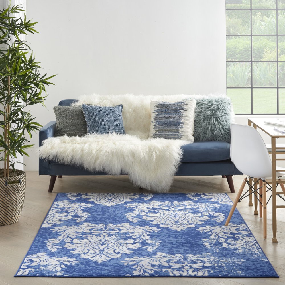 4' X 6' Ivory And Blue Damask Distressed Area Rug