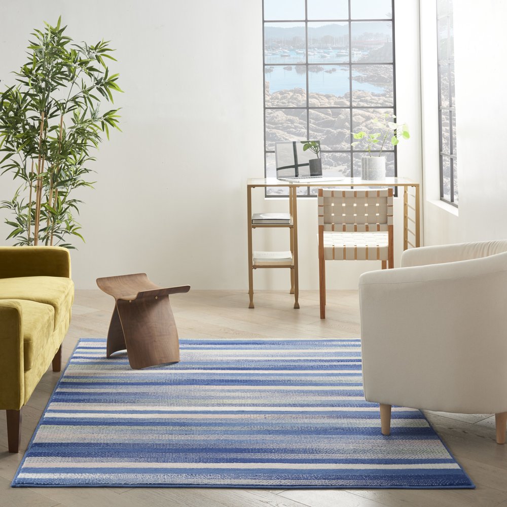 4' X 6' Blue And White Striped Distressed Area Rug