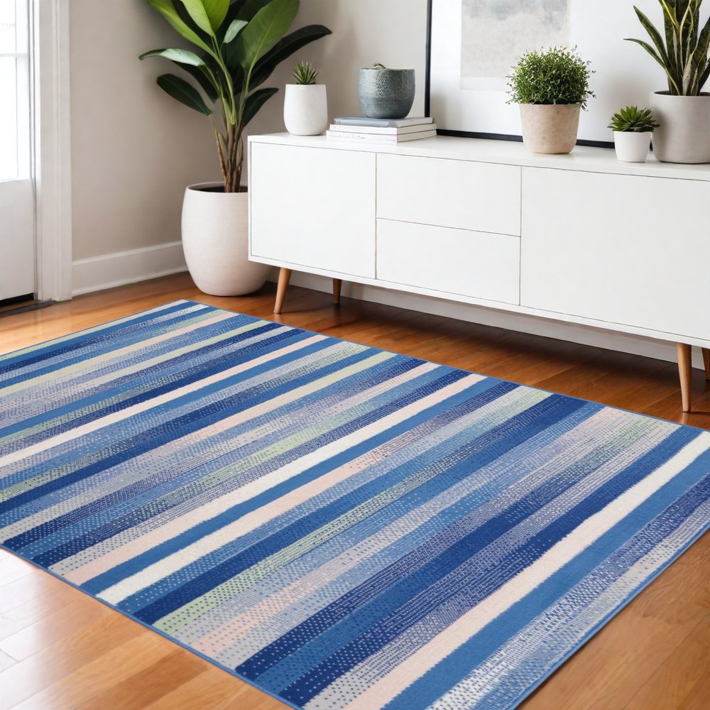 4' X 6' Blue And White Striped Distressed Area Rug