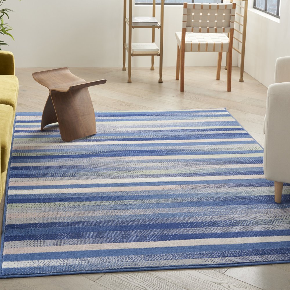 4' X 6' Blue And White Striped Distressed Area Rug