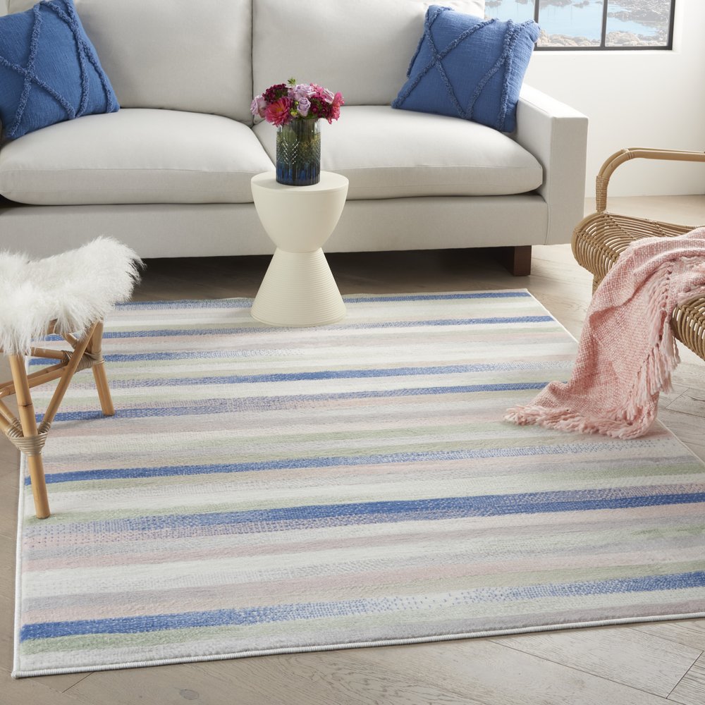 4' X 6' Ivory Blue And Green Striped Distressed Area Rug