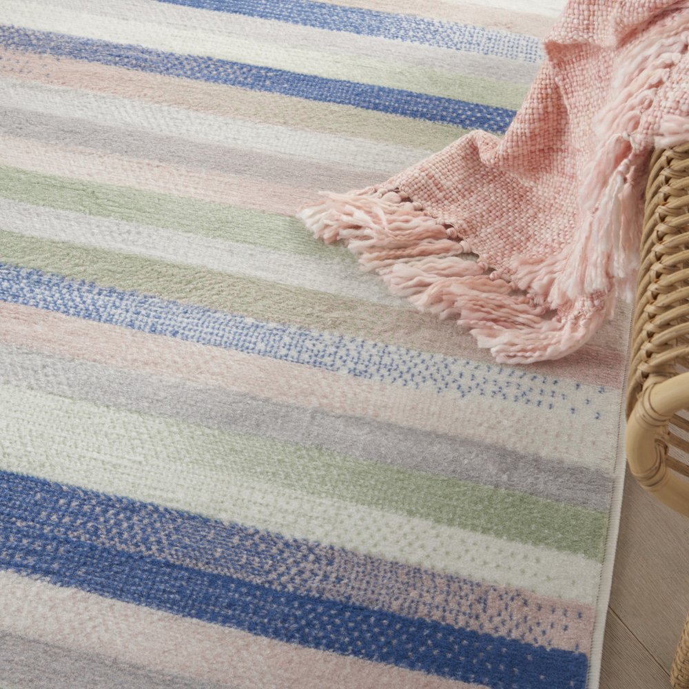 4' X 6' Ivory Blue And Green Striped Distressed Area Rug