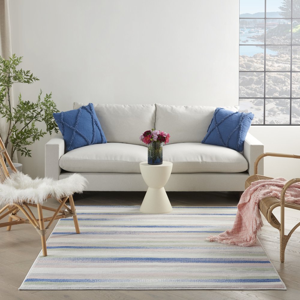 4' X 6' Ivory Blue And Green Striped Distressed Area Rug