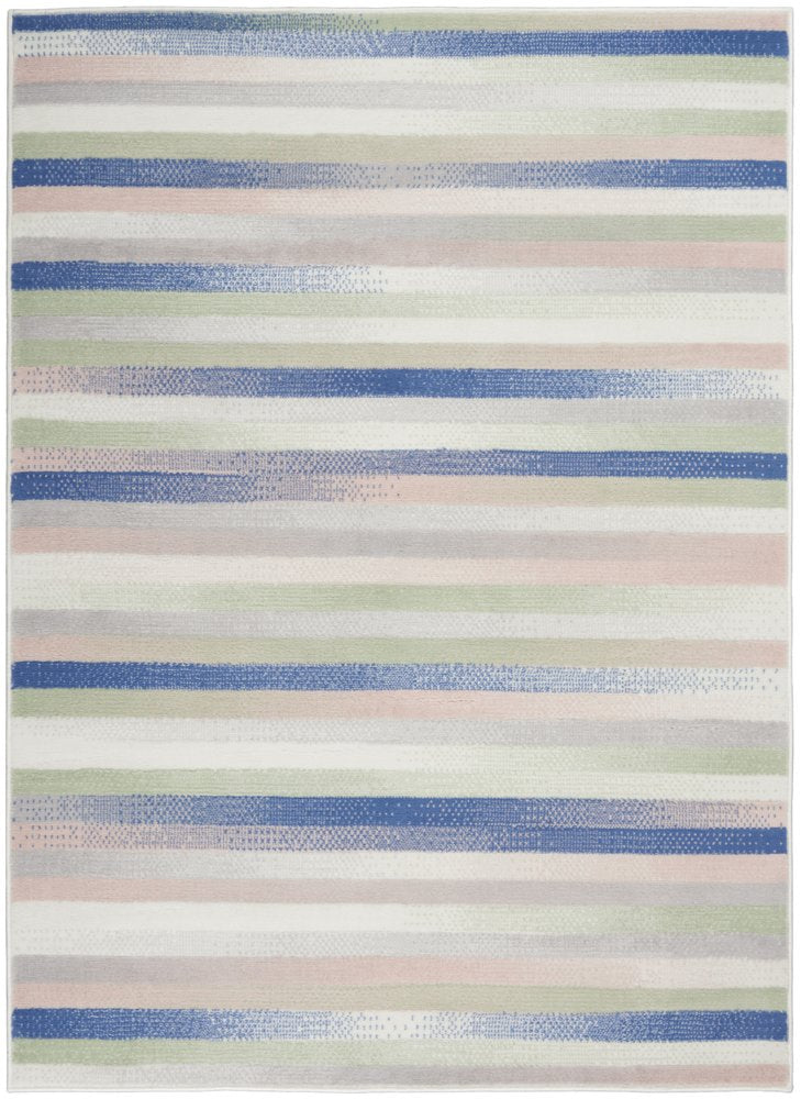 4' X 6' Ivory Blue And Green Striped Distressed Area Rug