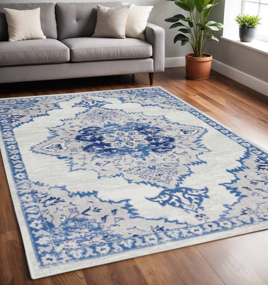 5' X 7' Ivory And Blue Medallion Area Rug