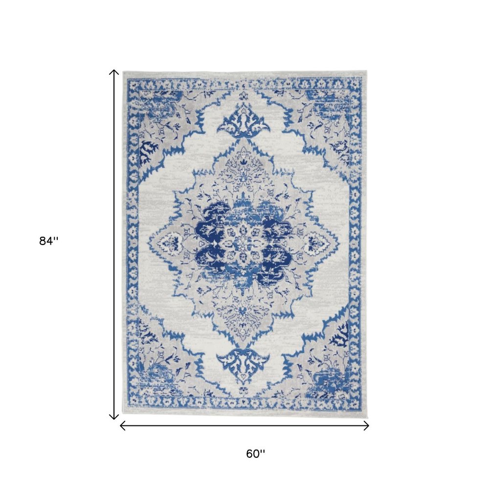 5' X 7' Ivory And Blue Medallion Area Rug