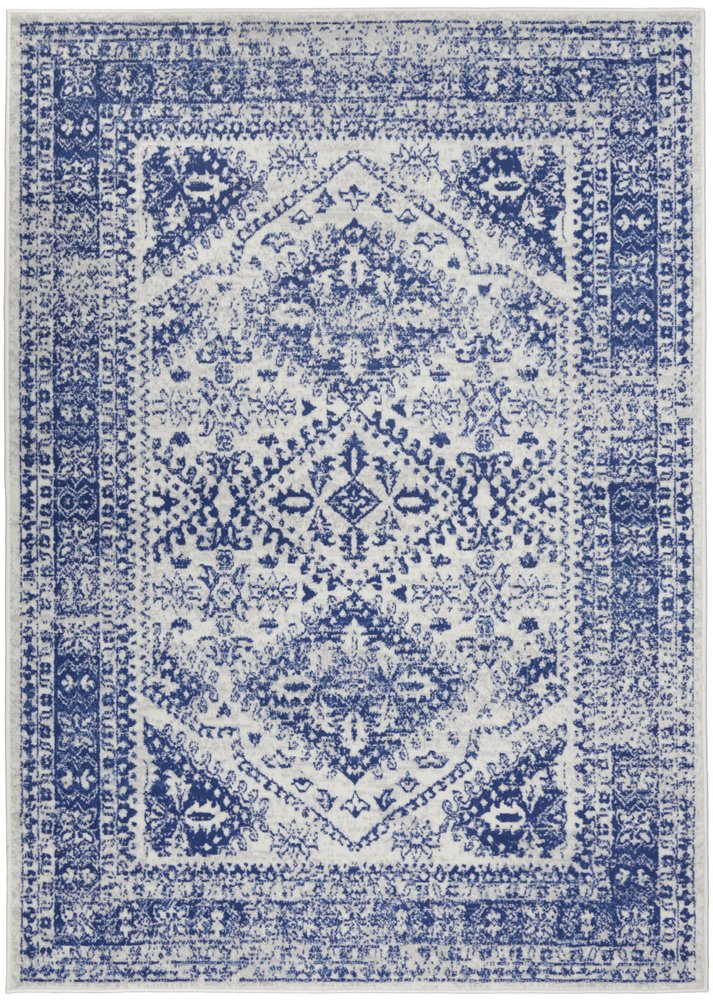 6' X 9' Ivory And Blue Geometric Distressed Area Rug
