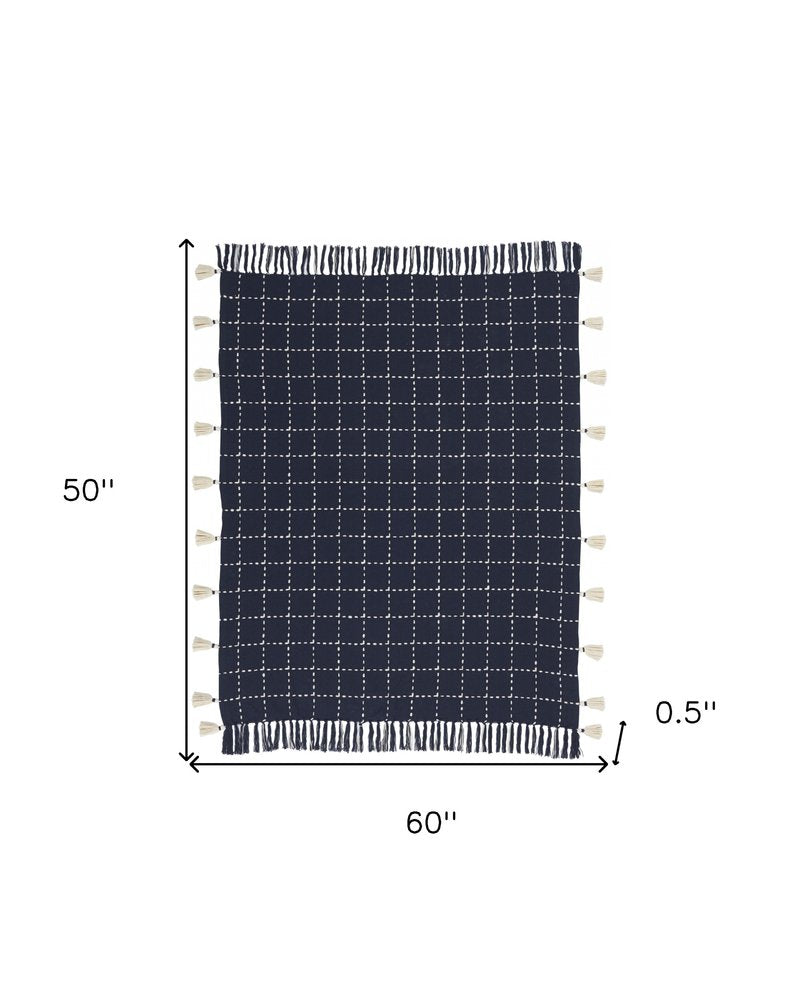 Navy And White Stitched Square Pattern Cotton Throw Blanket