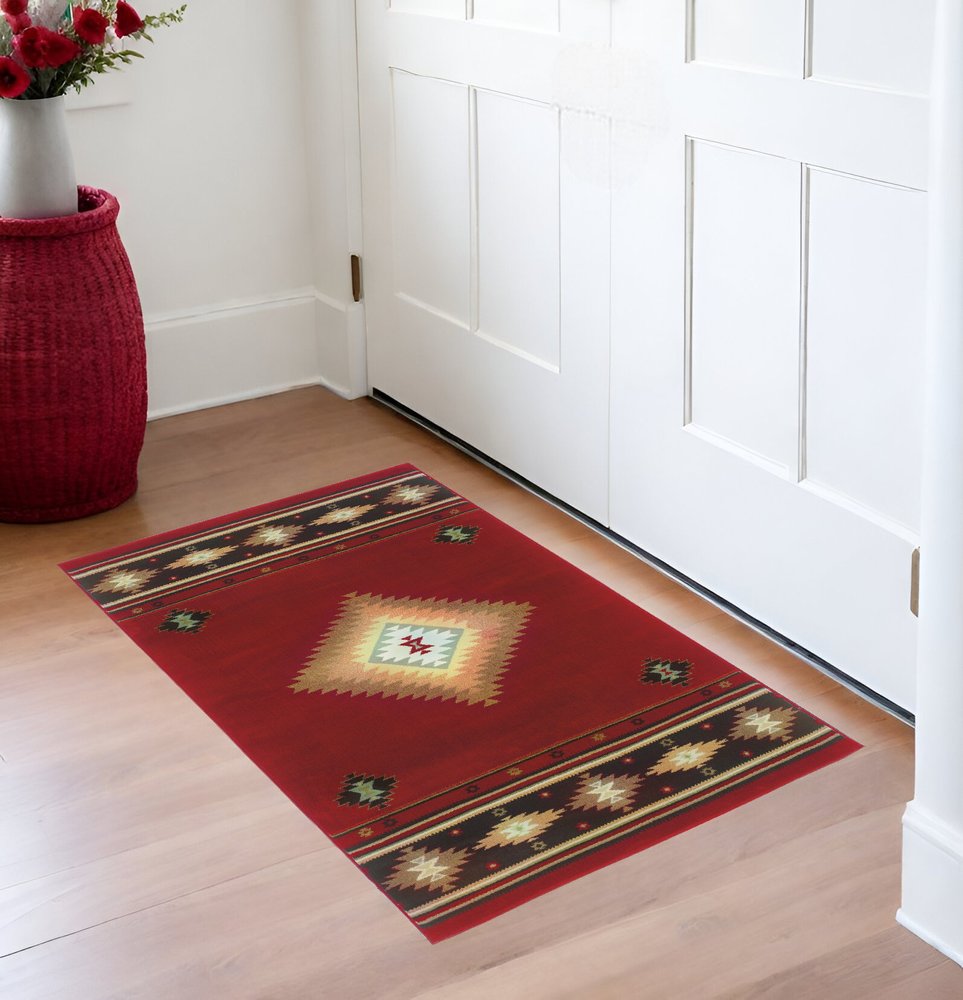 2' X 3' Red And Beige Ikat Pattern Scatter Rug