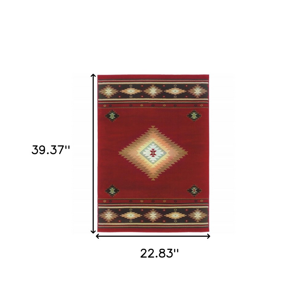 2' X 3' Red And Beige Ikat Pattern Scatter Rug
