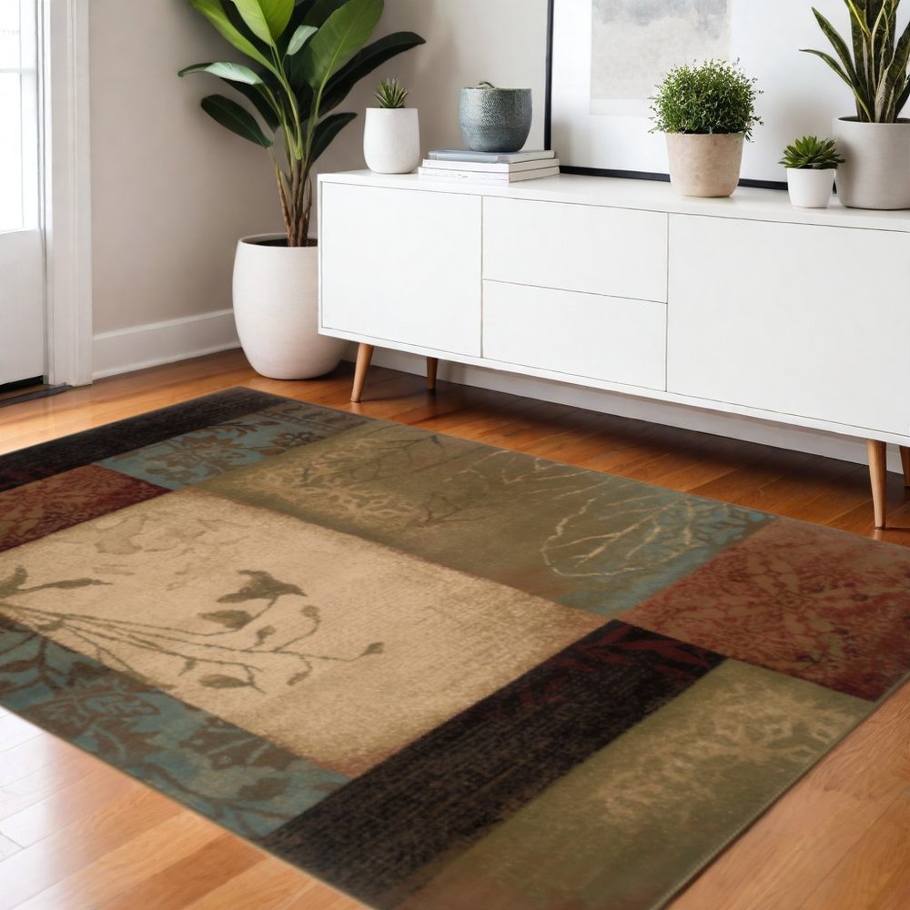 4' X 6' Beige And Brown Floral Block Pattern Area Rug