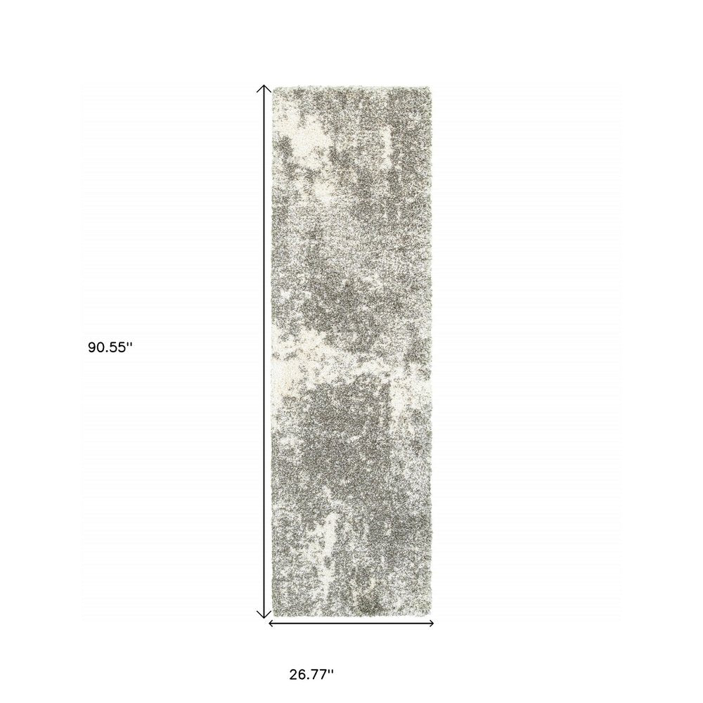 2' X 8' Gray And Ivory Distressed Abstract Runner Rug