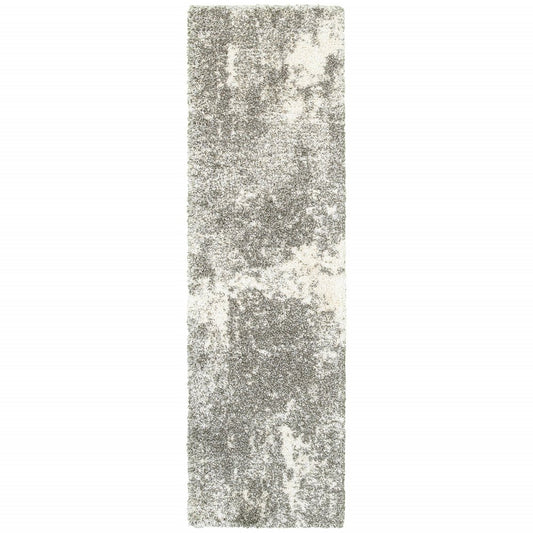 2' X 8' Gray And Ivory Distressed Abstract Runner Rug