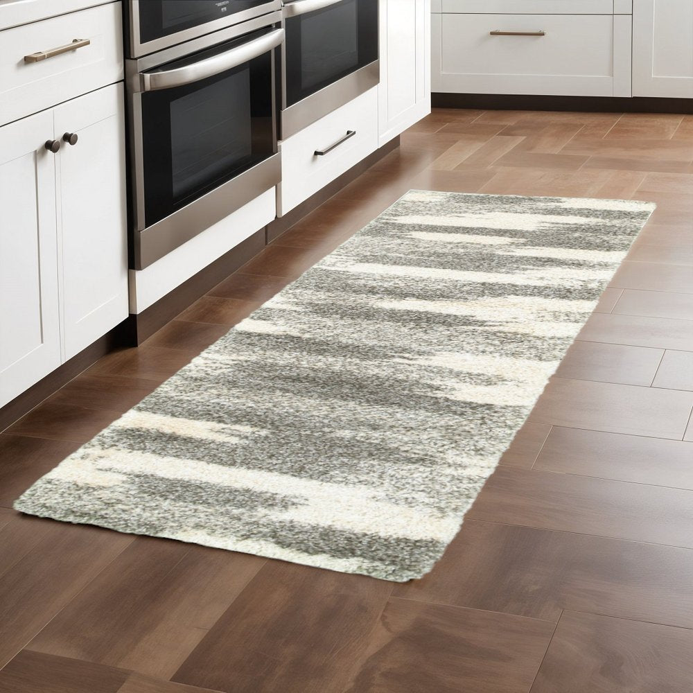 2' X 8' Gray And Ivory Geometric Pattern Runner Rug