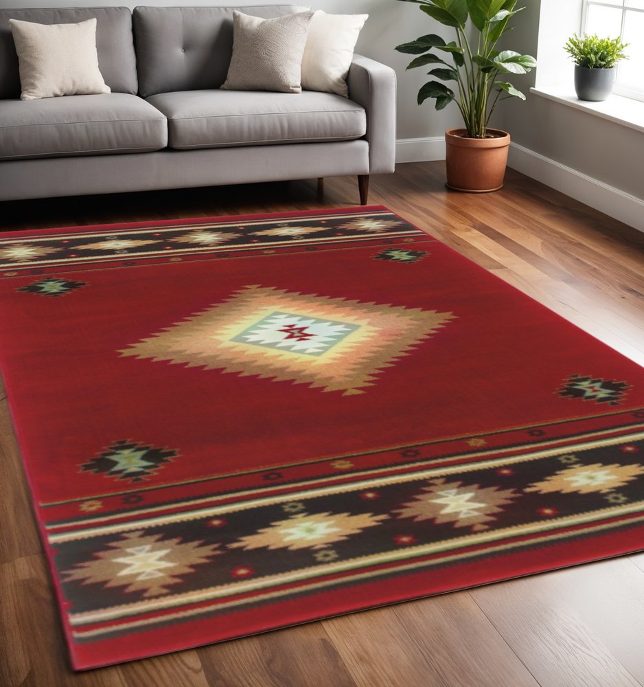 2' X 3' Red And Beige Ikat Pattern Scatter Rug