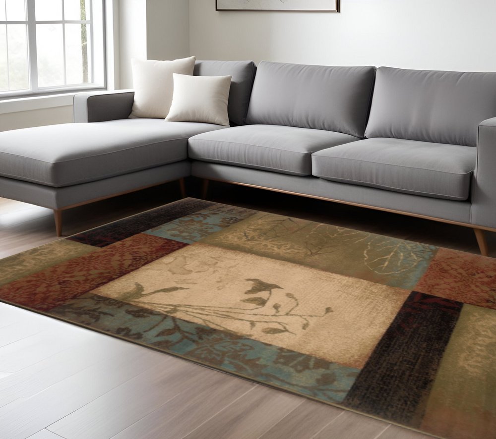 4' X 6' Beige And Brown Floral Block Pattern Area Rug