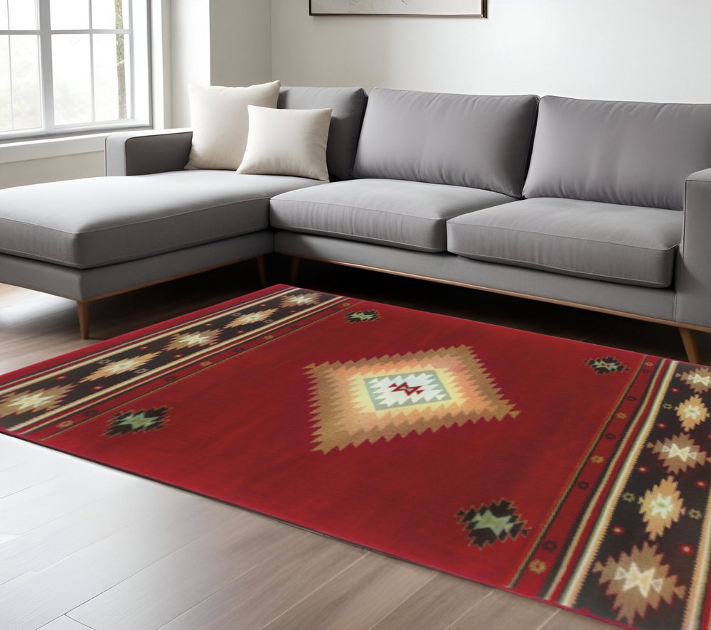 2' X 3' Red And Beige Ikat Pattern Scatter Rug