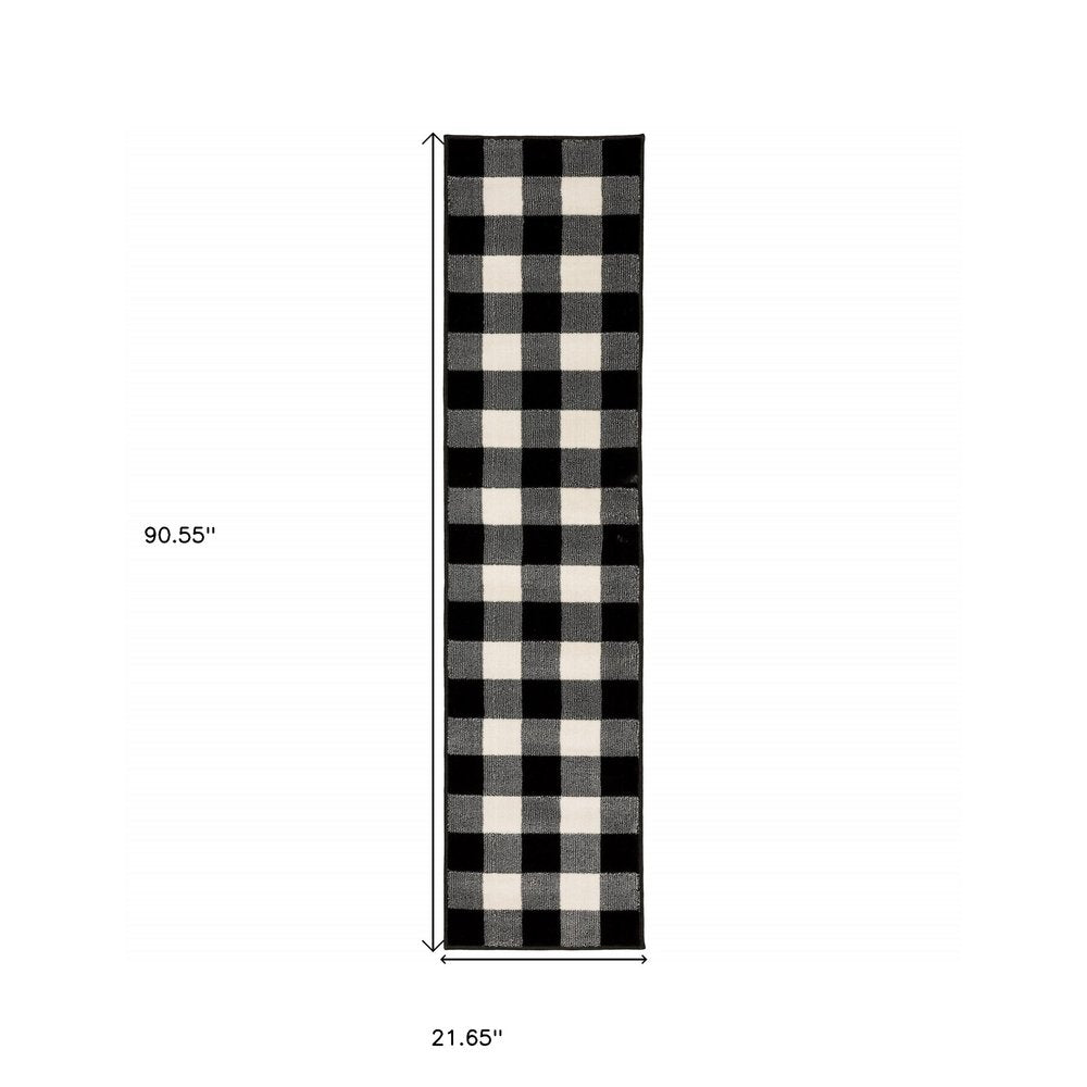8' Ivory And Black Gingham Runner Rug
